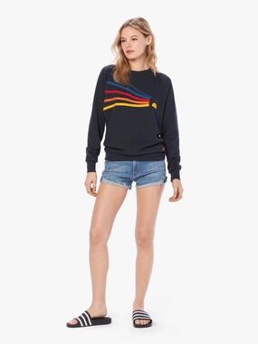 Aviator Nation Navy Crewneck with Yellow and Orange Logo Stripe